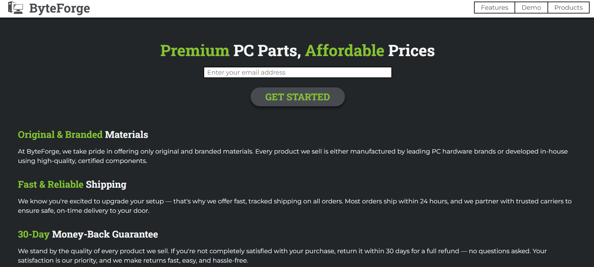 Screenshot of the product landing page.